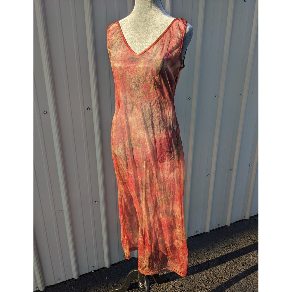 Y2K Vintage Mesh Maxi Slip Dress L Red Green Fairy Grunge Goth Floral Bodycon